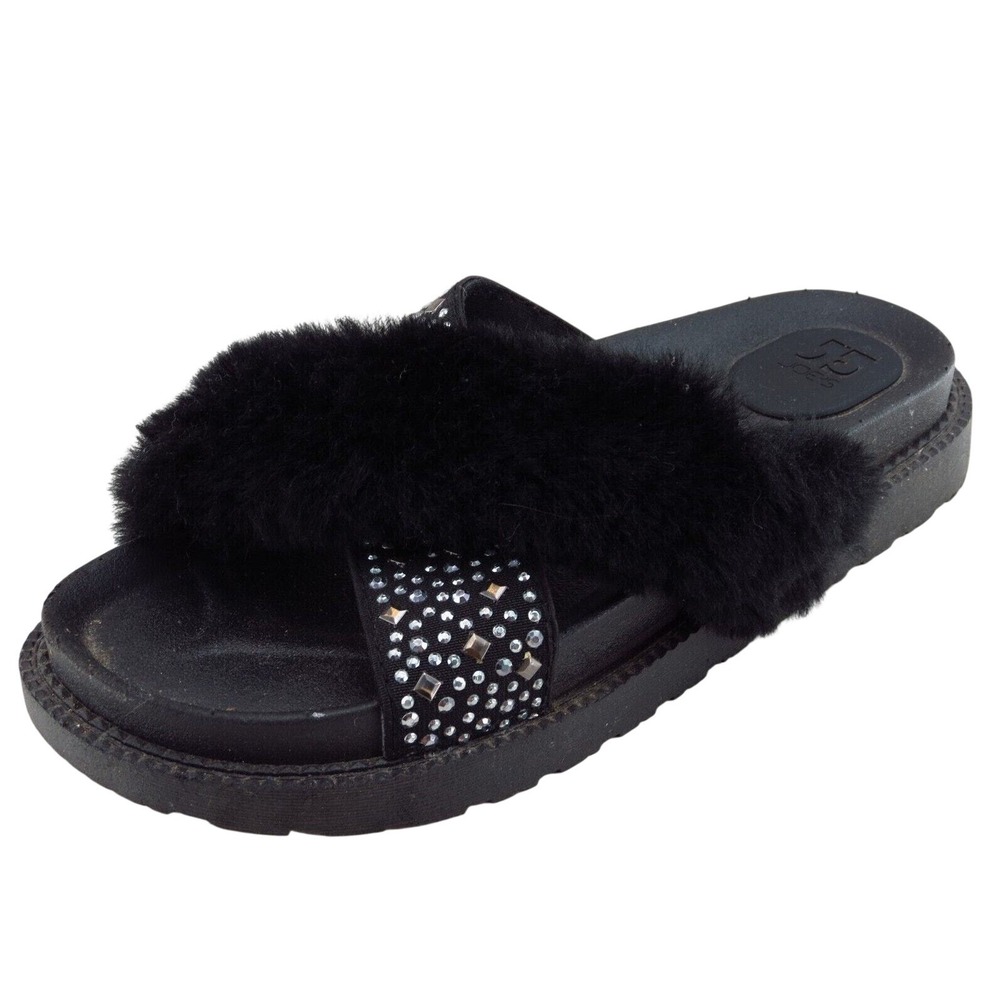 Joe's Jeans Black Faux Fur & Jeweled Slide Sandals